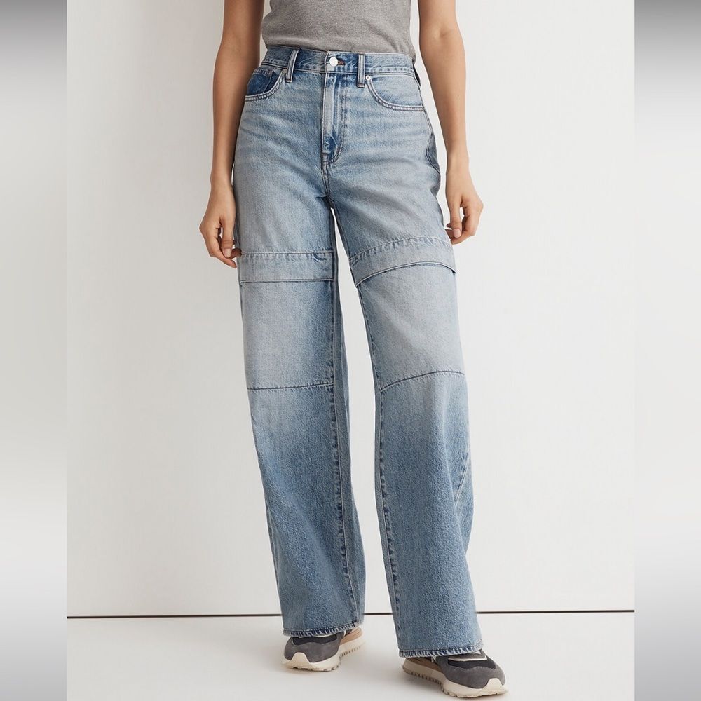 NEW- Madewell Patch-Panel Light Blue Super Wide-Leg Jeans with Utility Pockets